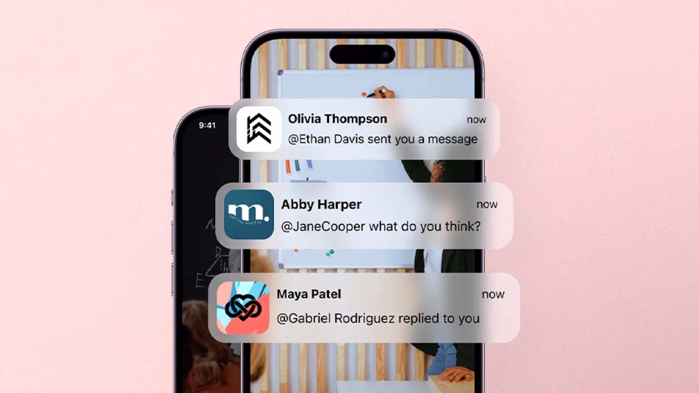 Pus notifications from various apps on an iphone showing messages from different members